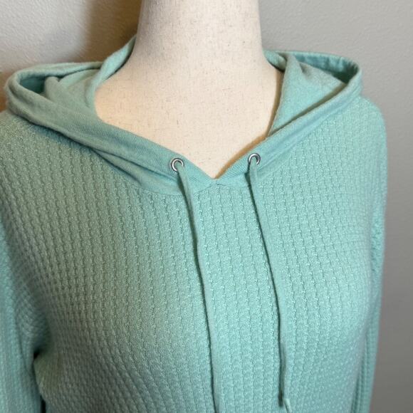 T by Talbots hoodie mint green white navy waffle weave tunic top lambswool Sz L - Picture 2 of 8